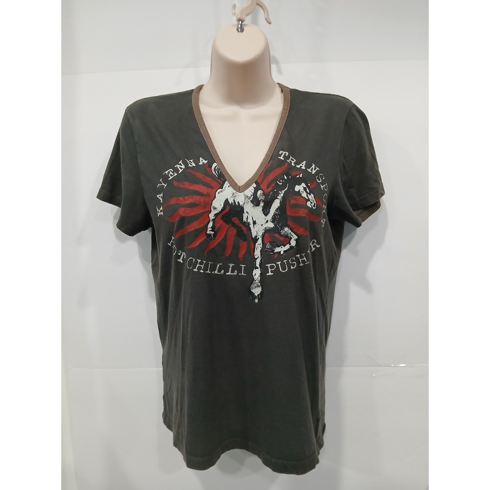 Sisley Womens V-Neck Graphic Tee Charcoal Grey Horse Kayenna Transport Size S